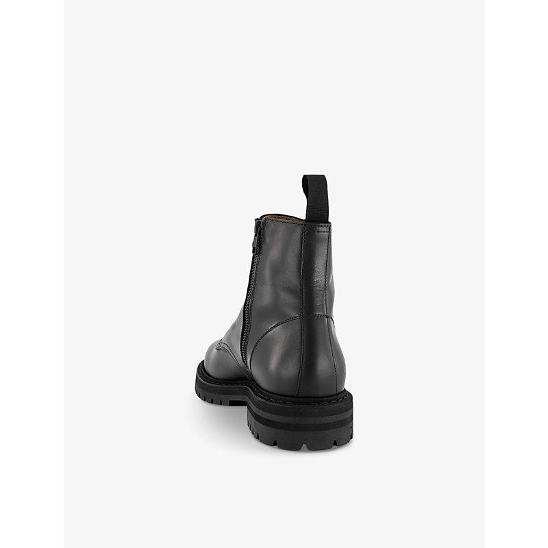 Mens Black Leather Combat Number-print Leather Ankle Boots