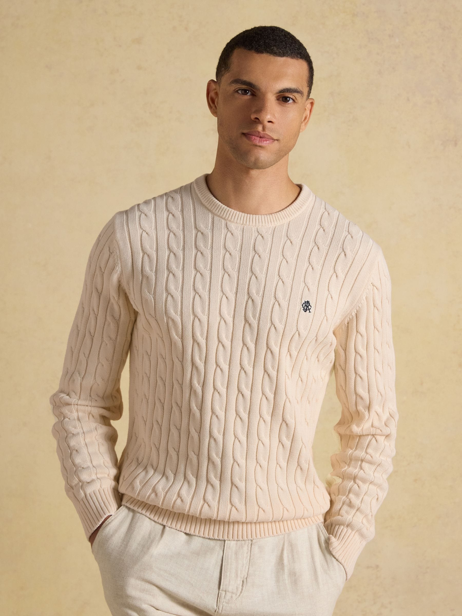 Cream Crew Neck Cotton Cable Knit Jumper
