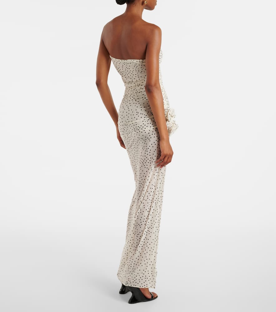Floral-appliqué polka-dot maxi dress