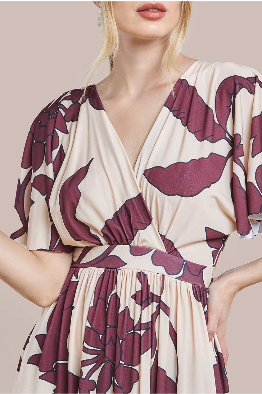 Goddiva Leaf Print Flutter Sleeve Maxi Dress - Crea