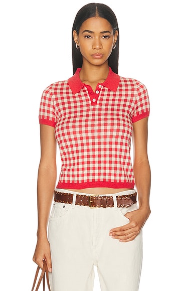 Guest In Residence Gingham Shrunken Polo Top in Scarlet & Mist - Red. S also in