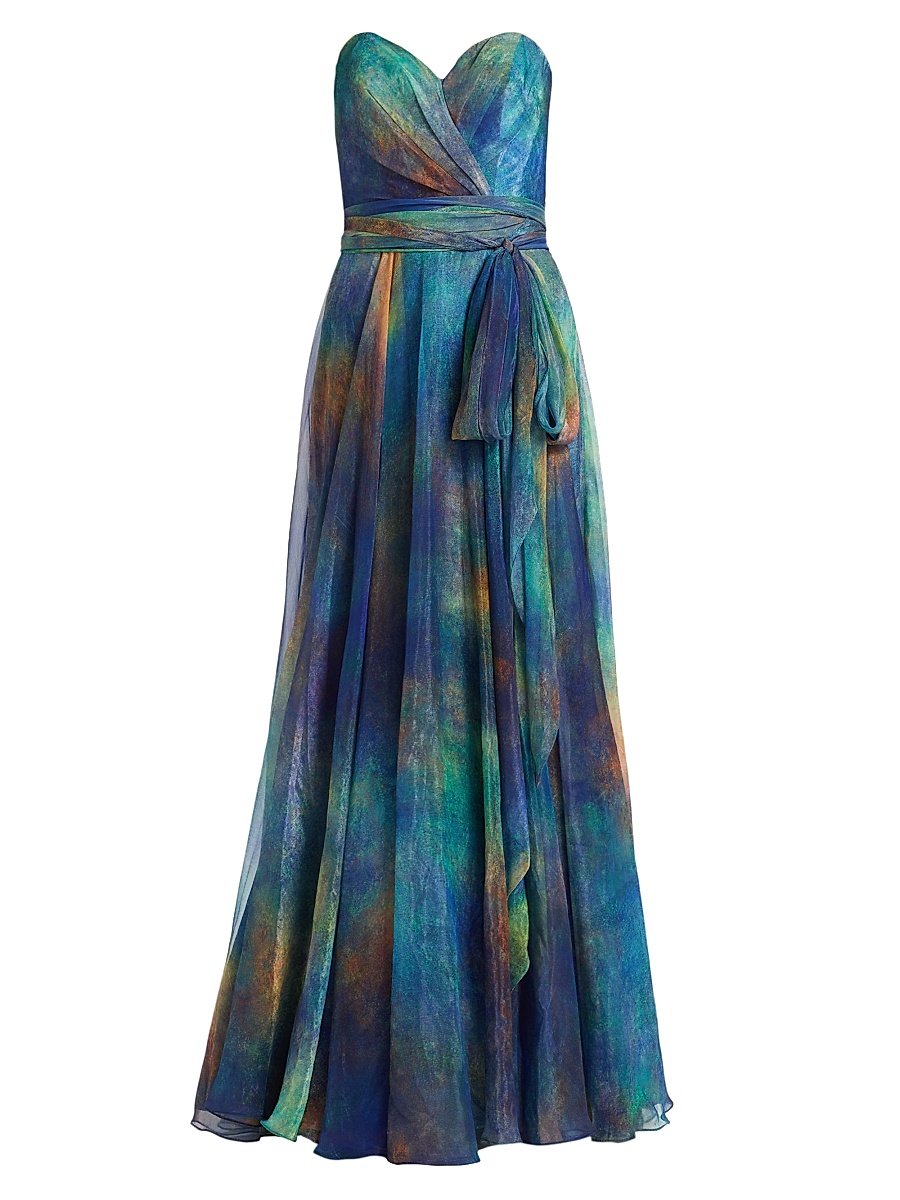 Women's Organza Strapless A-Line Gown - Blue Multi