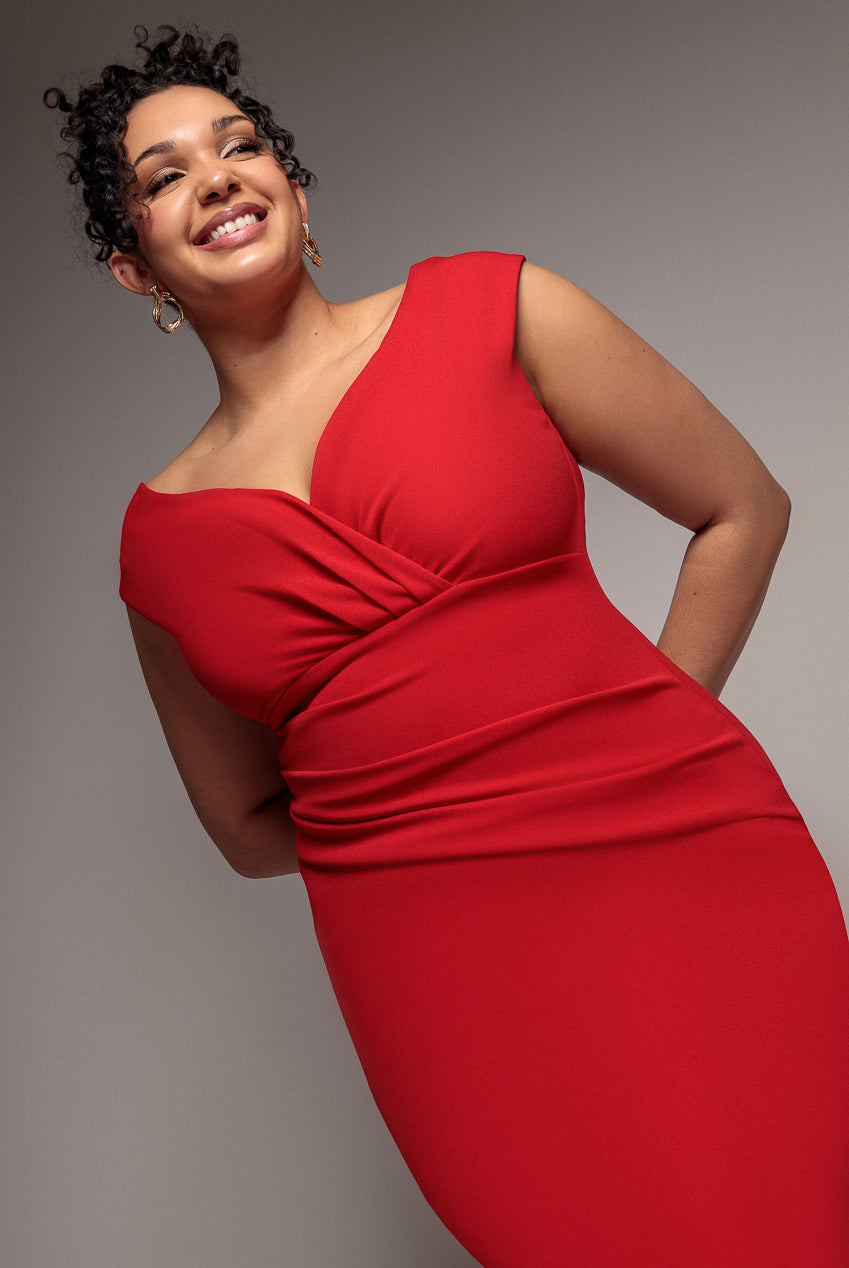 Goddiva Plus Scuba Bardot Pleated Midi Dress - Red