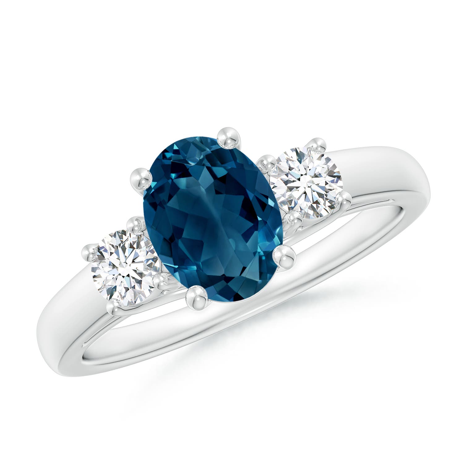 Angara 1.5 Carats Oval London Blue Topaz and Round Diamond Three Stone Ring in Platinum