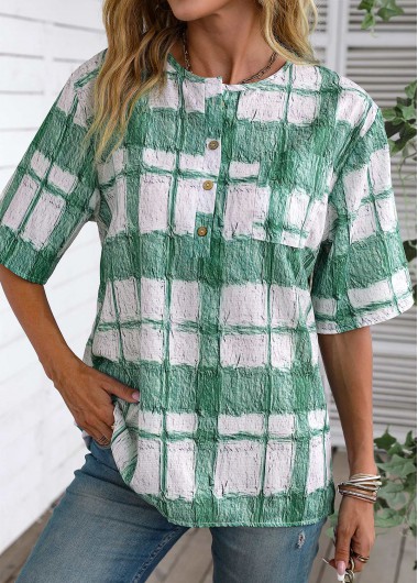 Modlily White Button Plaid Half Sleeve Round Neck Blouse