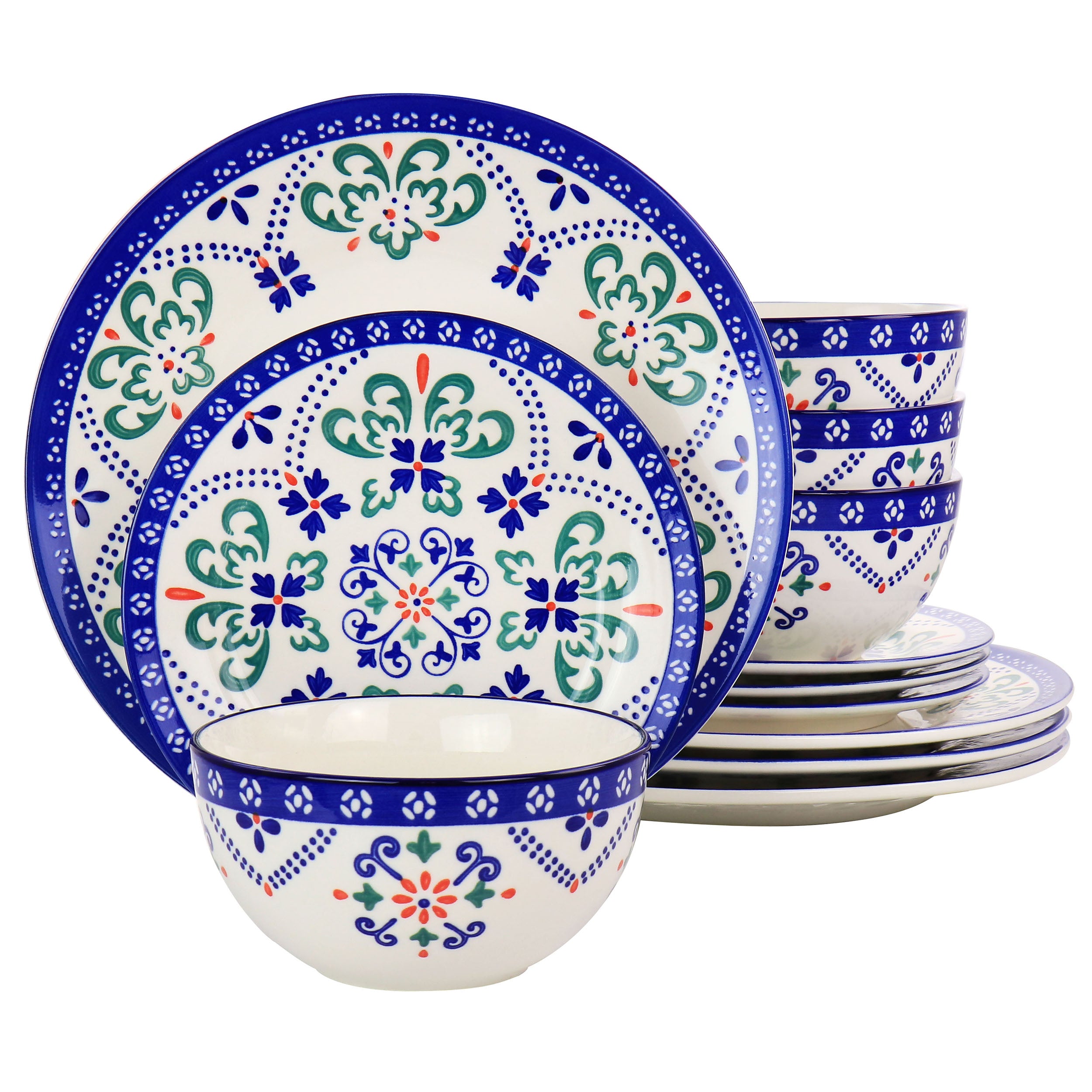 California Designs Tierra Star 12 Piece Hand Painted Dinnerware Set in Blue