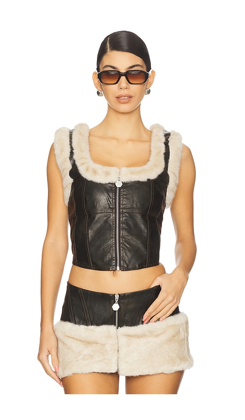 OW Collection Kendra Top With Faux Fur Trim in Black. - S also in L, M