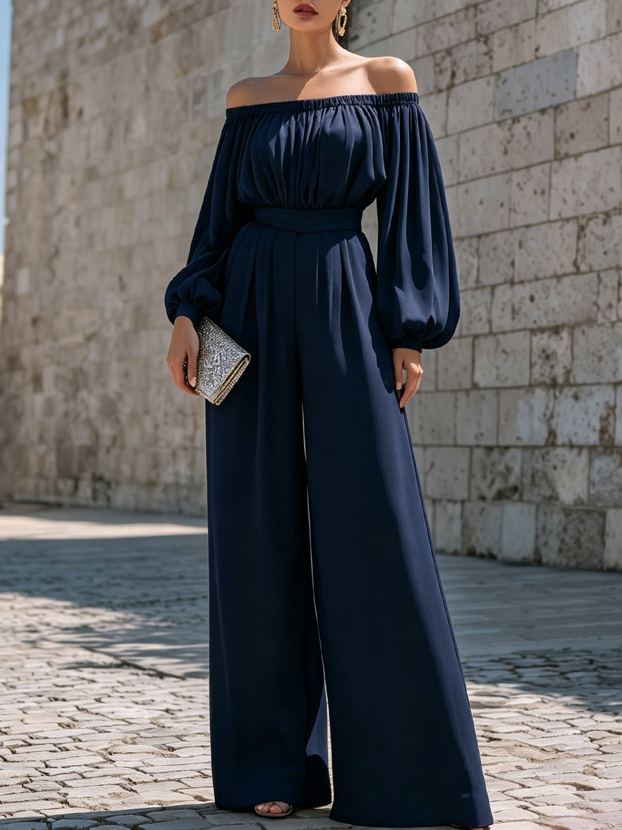 Off-Shoulder Cotton Blend Wide-Leg Jumpsuit - Navy Blue