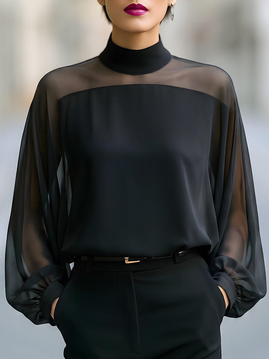 Sheer Yoke High-Neck Bishop Sleeve Blouse - Black