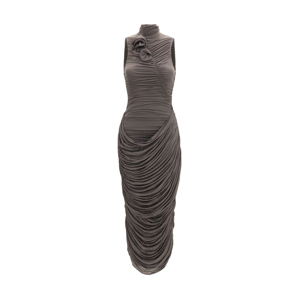 Draped High-Neck Midi Dress — Gray