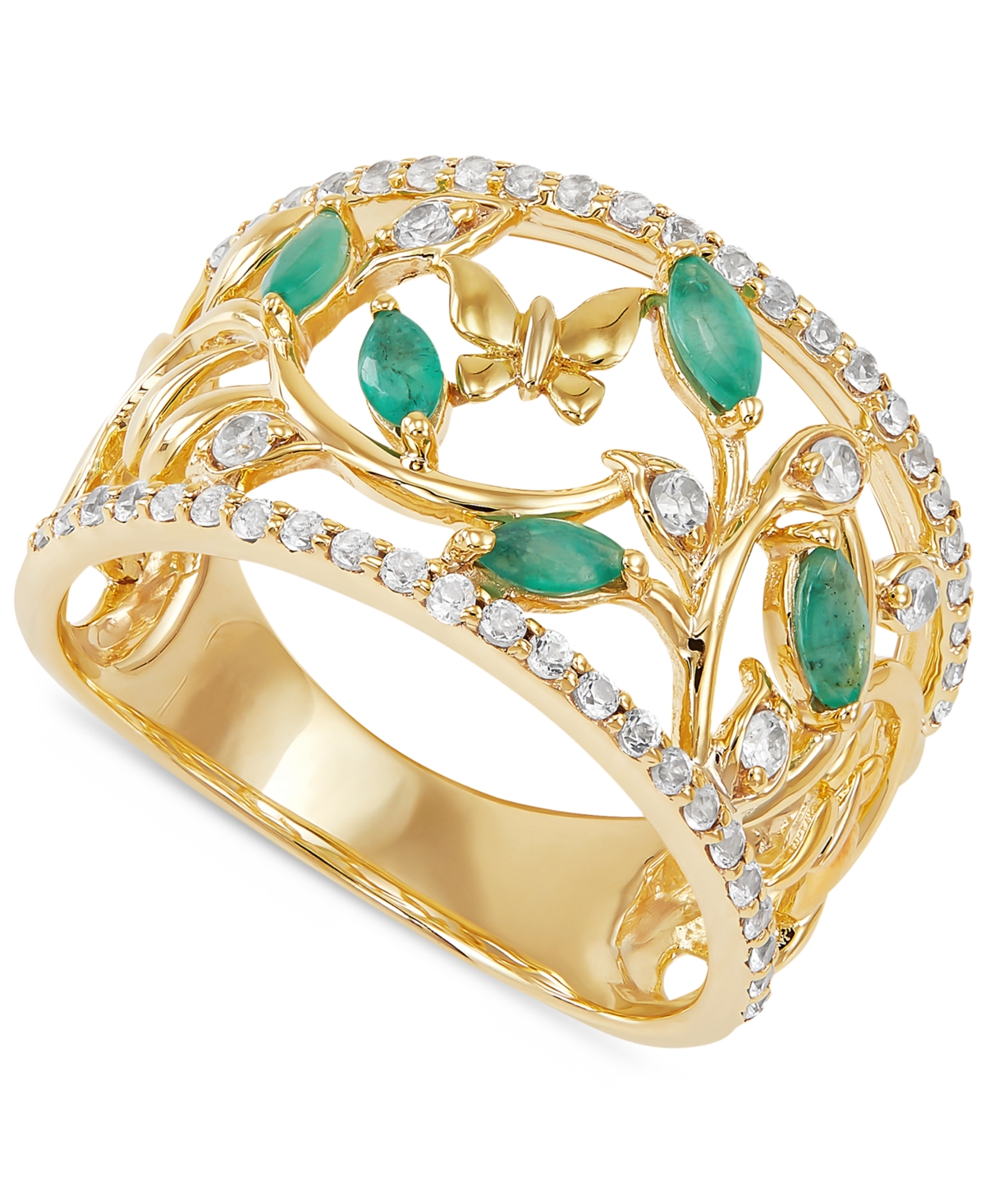 Emerald (3/8 ct. t.w.) & White Topaz (1/2 ct. t.w.) Openwork Ring in 14K Gold-Plated Sterling Silver - Emerald