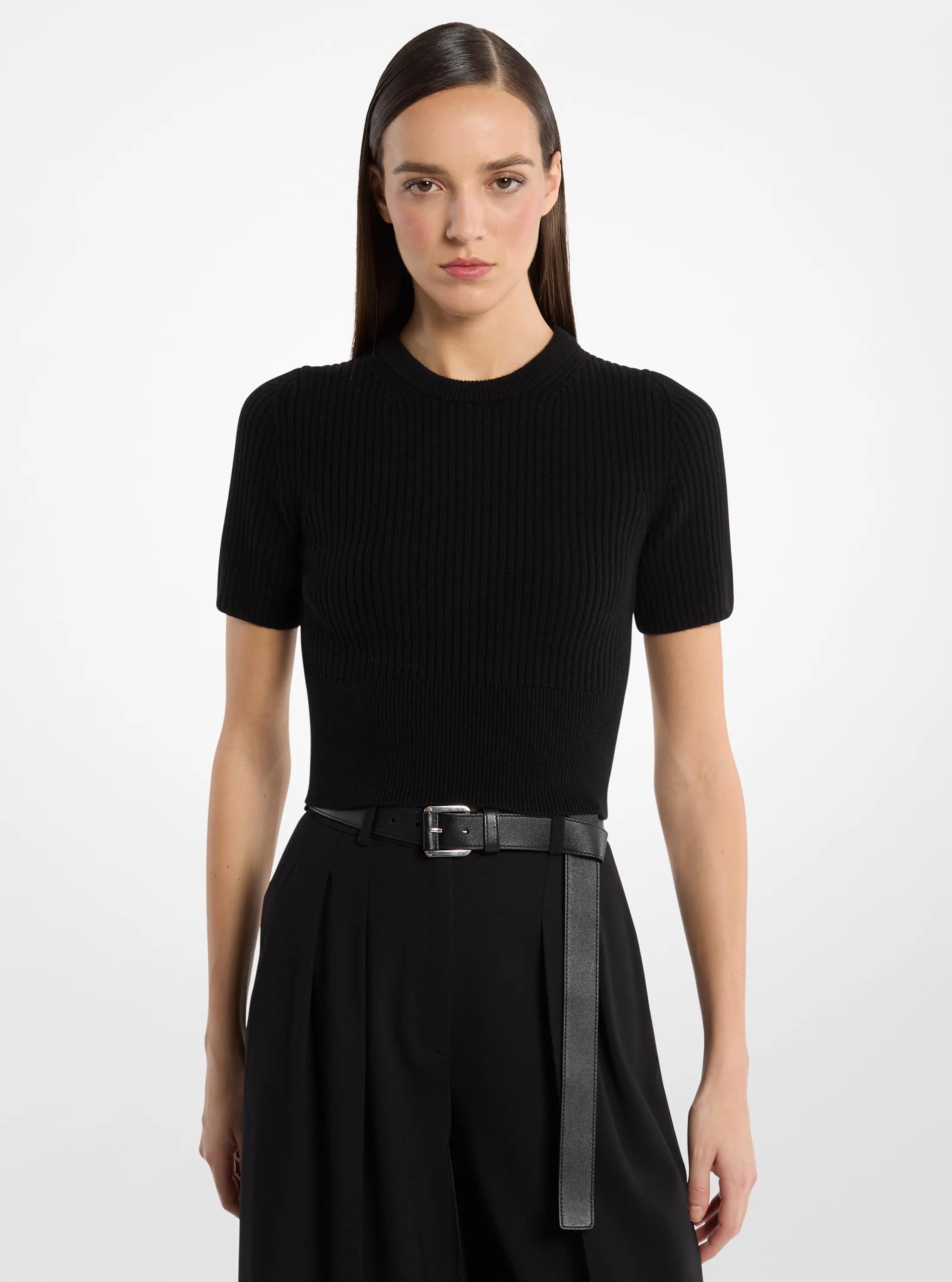 Ribbed Cashmere Three-Quarter Sleeve Cropped Sweater