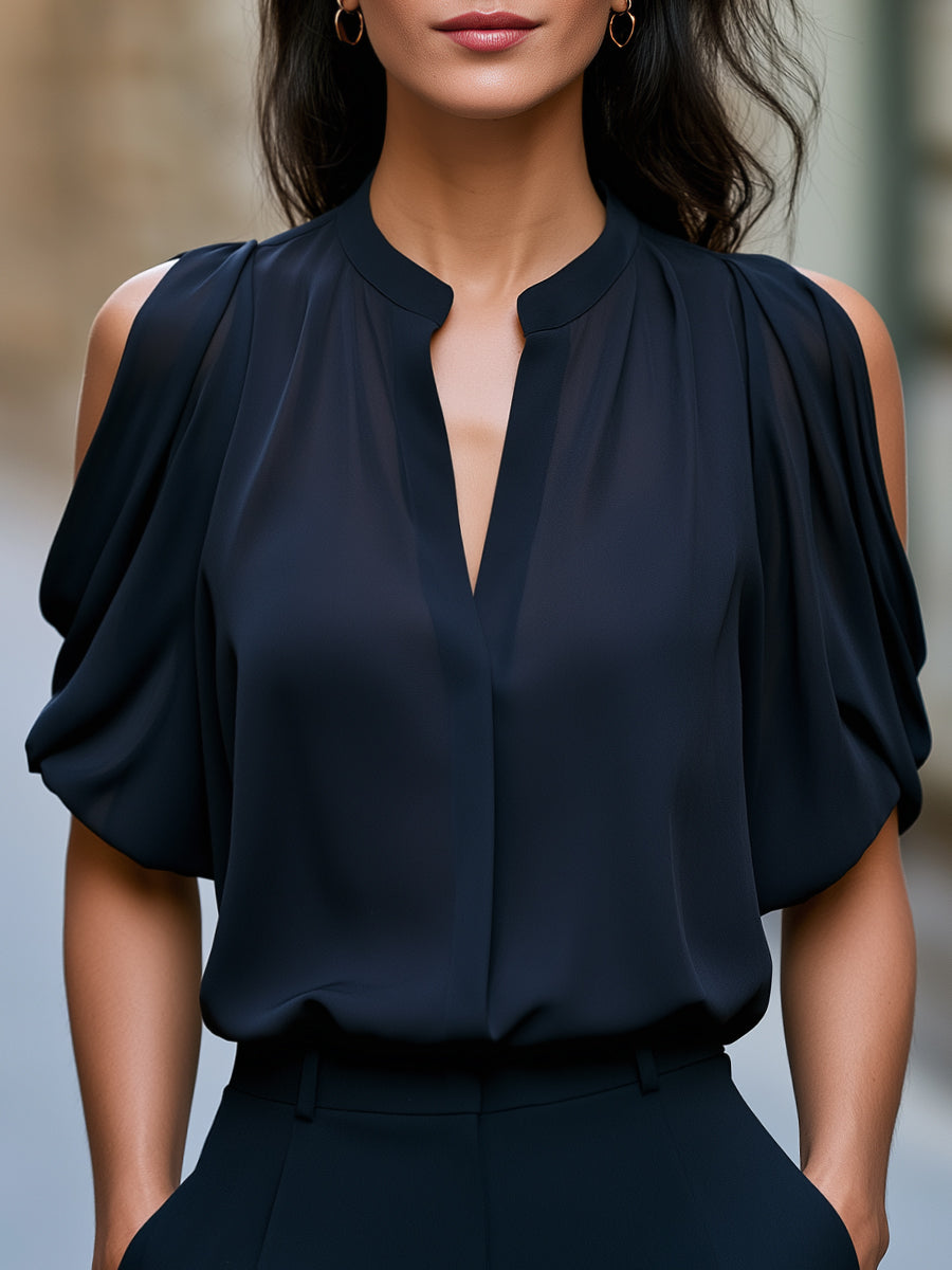 V-Neck Split Draped Short Sleeve Blouse - Navy Blue
