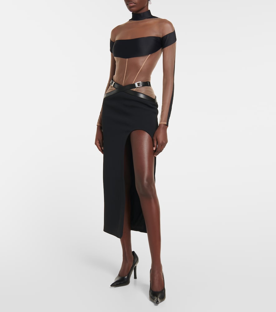 Leather-trimmed midi skirt