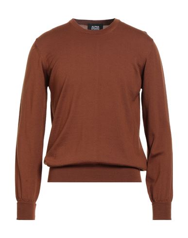 Man Sweater Tan Size 40 Merino Wool, Leather