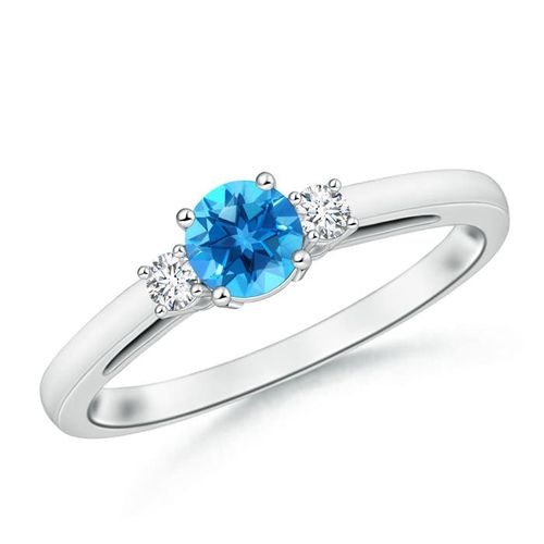Angara 0.6 Carat Round Swiss Blue Topaz & Diamond Three Stone Engagement Ring in Platinum
