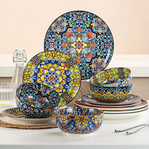TEMU 12pcs Dinner Sets For 4 People, Bohemian Simi Dinnerware Dish Set Artisanal Pieces Boho Colourful Tableware