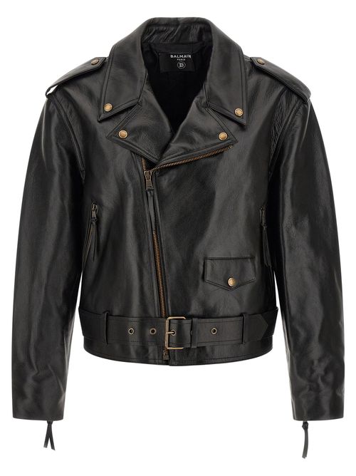 Textured Leather Biker Jacket — Black