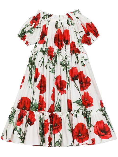 Poppy-print ruffled smock dress - White