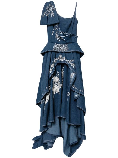 Floral-embroidered denim maxi dress - Blue