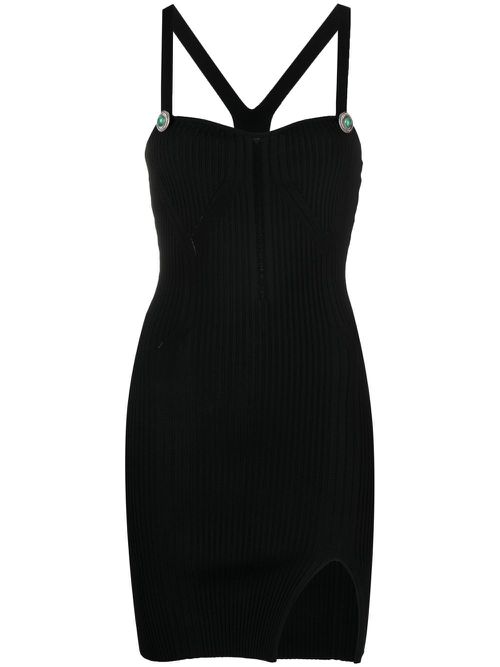 Ribbed-knit button-detail mini dress - Black
