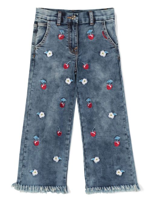Floral-embroidered frayed-cuff jeans - Blue