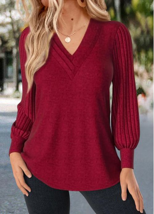 Modlily Olive Green Patchwork Long Sleeve V Neck T Shirt