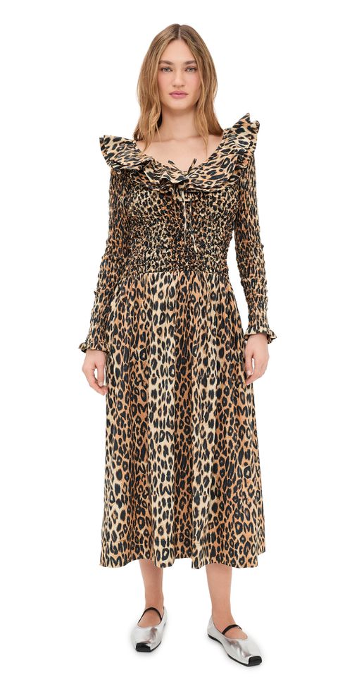 Harper Shirred Midi Dress Leopard
