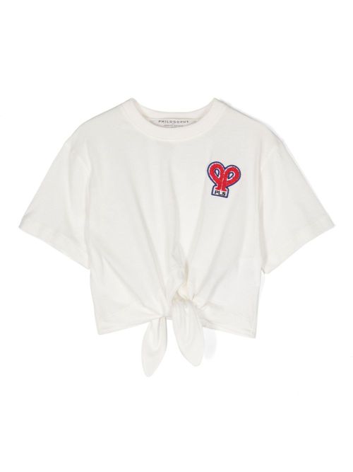Logo-embroidered cotton cropped T-shirt - White