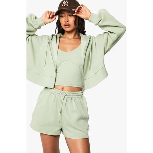 Boohoo Women's Seam Detail 3 Piece Crop Zip Through Short Tracksuit in Sage | : Sma