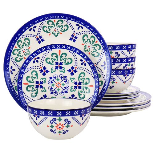 California Designs Tierra Star 12 Piece Hand Painted Dinnerware Set in Blue