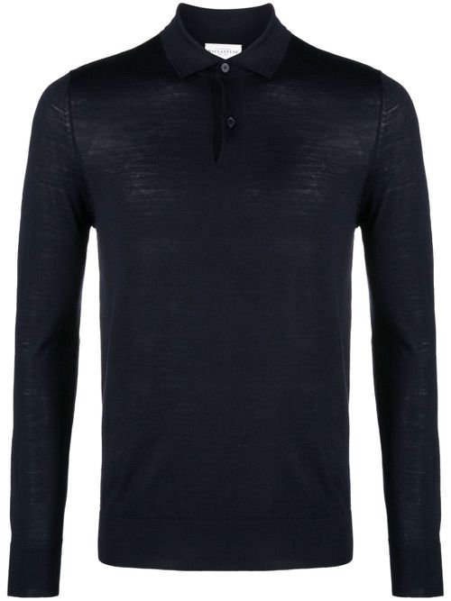 Jersey-wool long-sleeved polo shirt - Blue