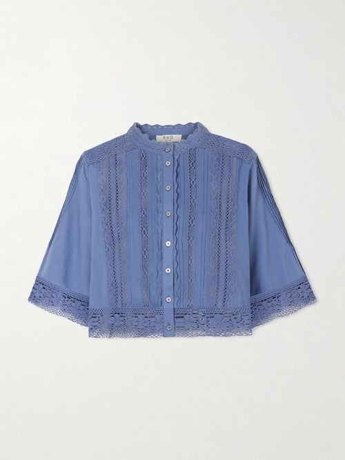 Pippa Crochet-trimmed Cotton Blouse - Blue