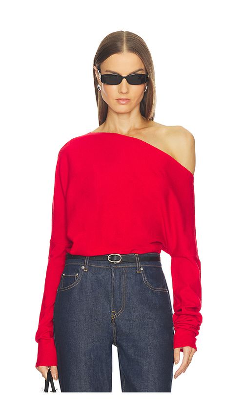 SRG Yolaine Cashmere Off-shoulder Sweater in Red. L. Also in XXS, XS, S