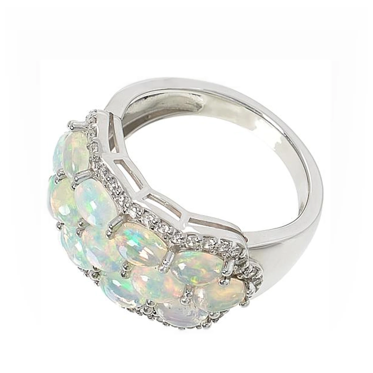 Colleen Lopez 3-Row Gemstone and White Zircon Scalloped Ring - White Ethiopian Opal