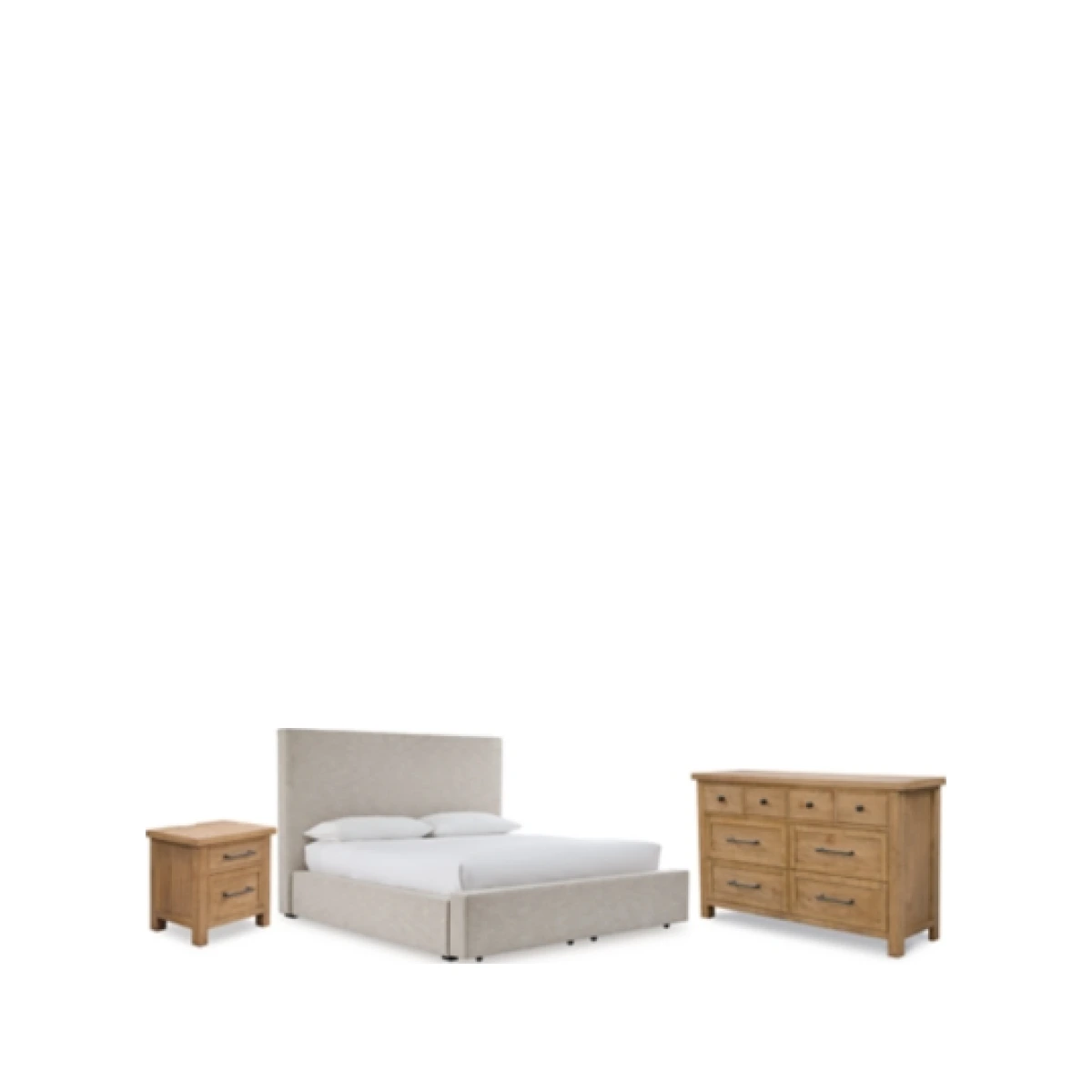 Kristiland King Upholstered Storage Bed with Dresser and Nightstand, Light Brown