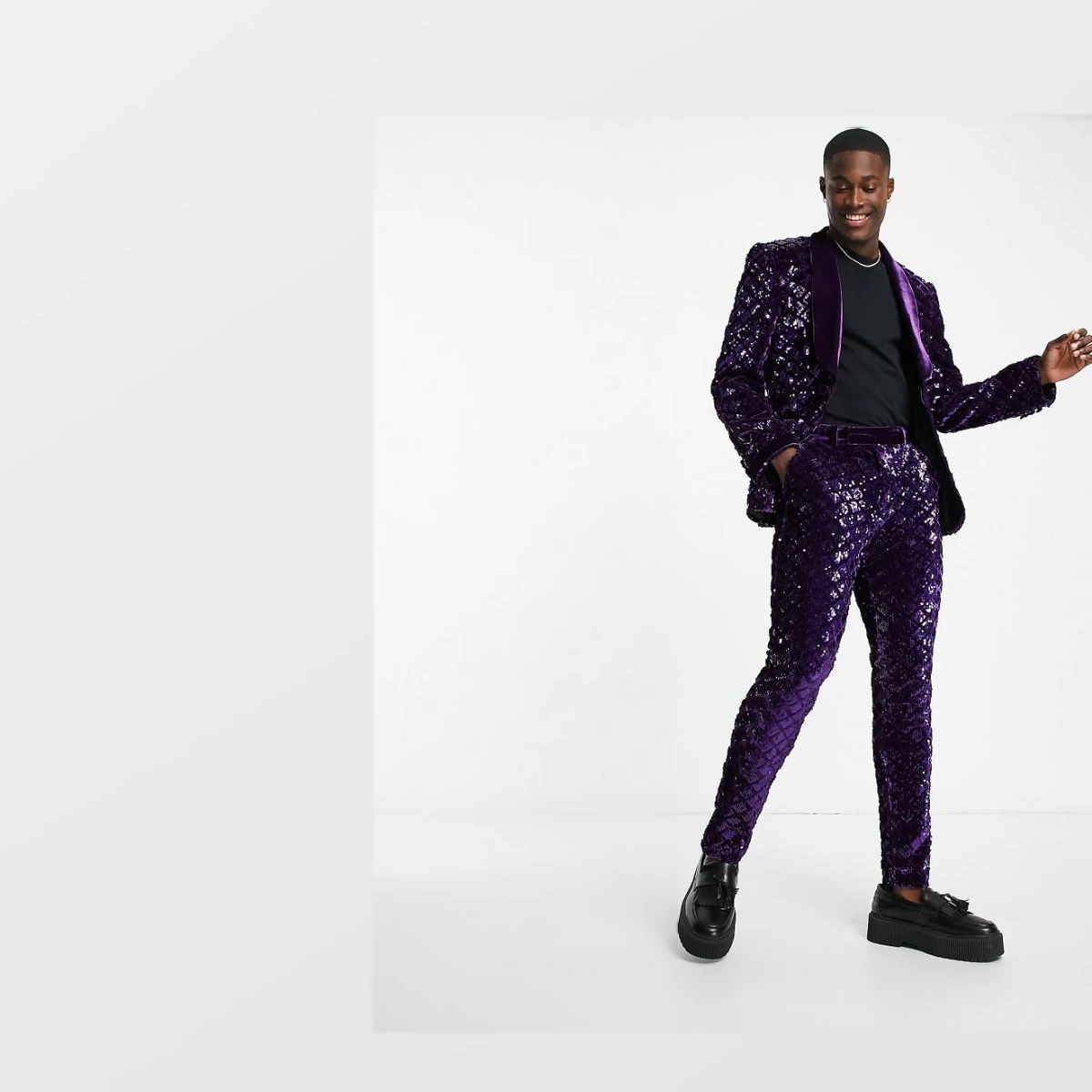 Skinny suit trousers in sequin diamond velvet in purple
