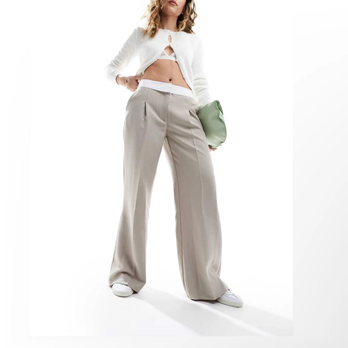 Miss Selfridge fold over waistband trouser in stone-Neutral