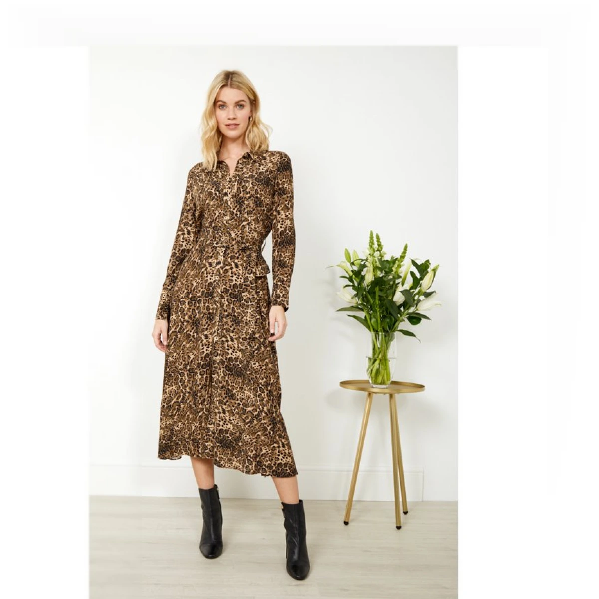Sosandar Womens Animal Print Belted Midi Shirt Dress - Brown