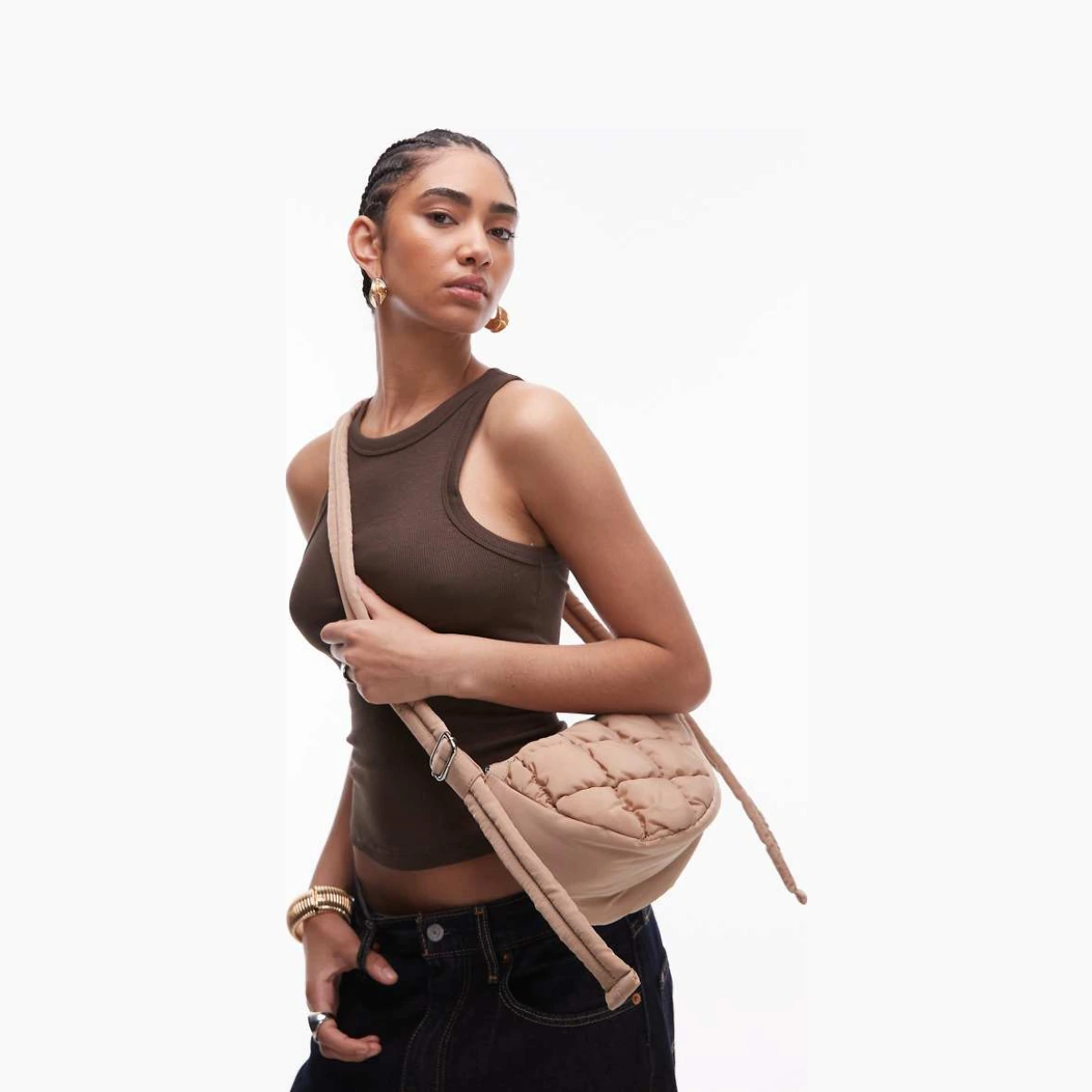 Topshop Callie scoop quilted nylon cross body bag in camel-Neutral