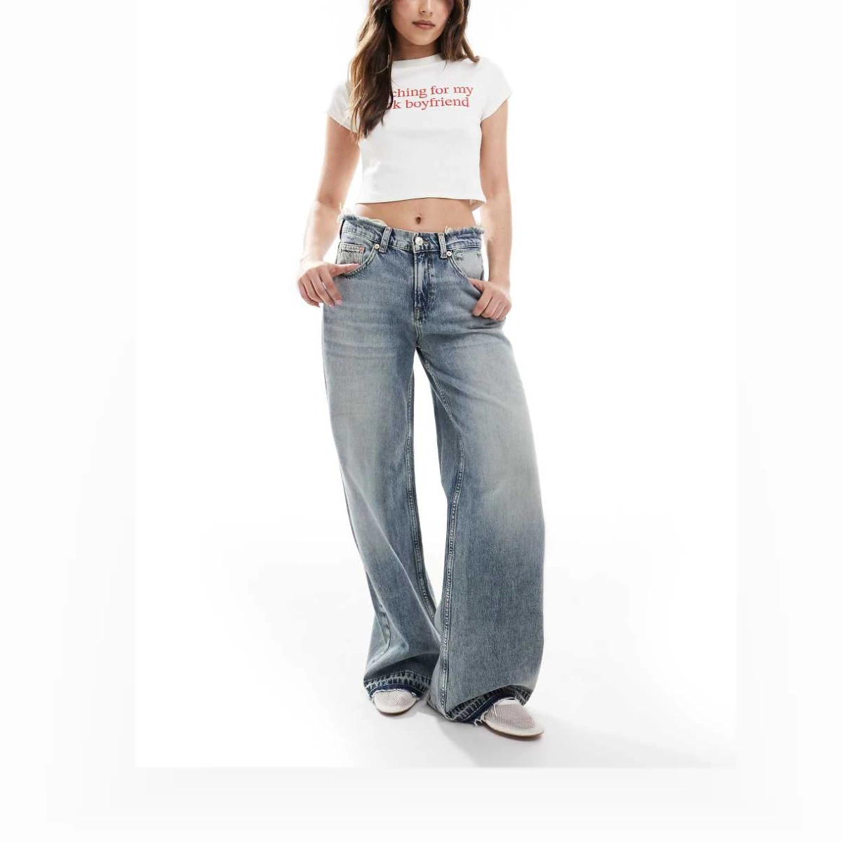 Stradivarius frayed waist wide leg jean in light blue
