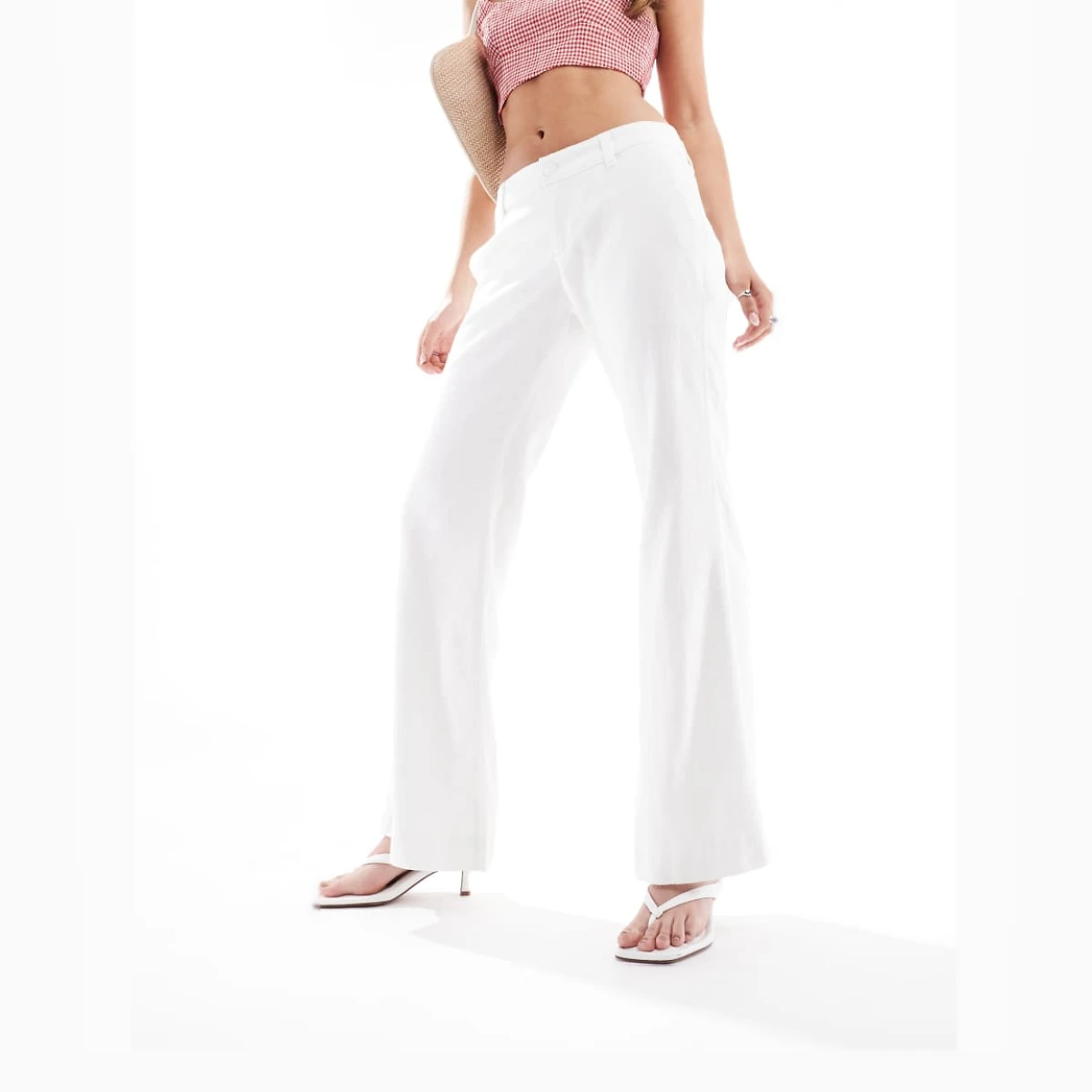 Hollister low rise linen tailored baggy flare trousers in white
