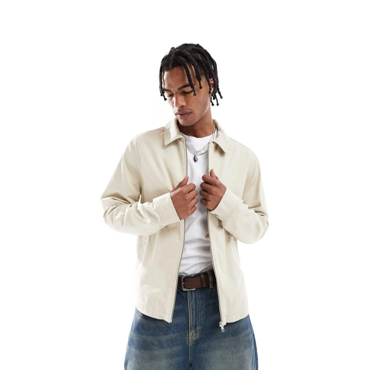 ASOS DESIGN harrington jacket in stone-Neutral