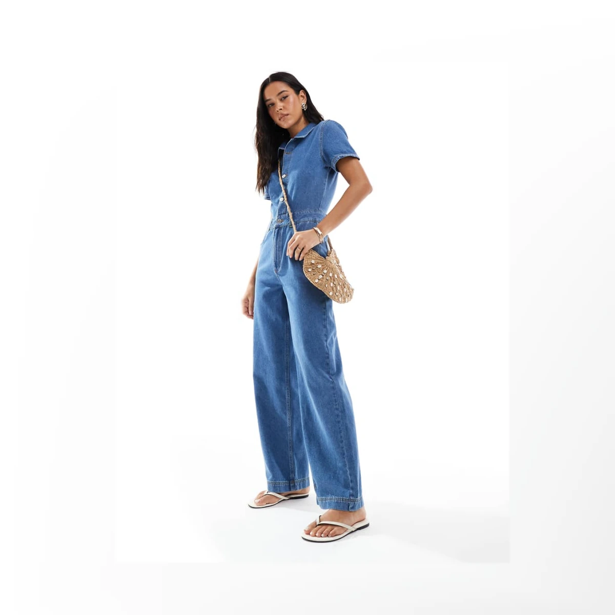 Miss Selfridge short sleeve denim jumpsuit in mid wash-Blue