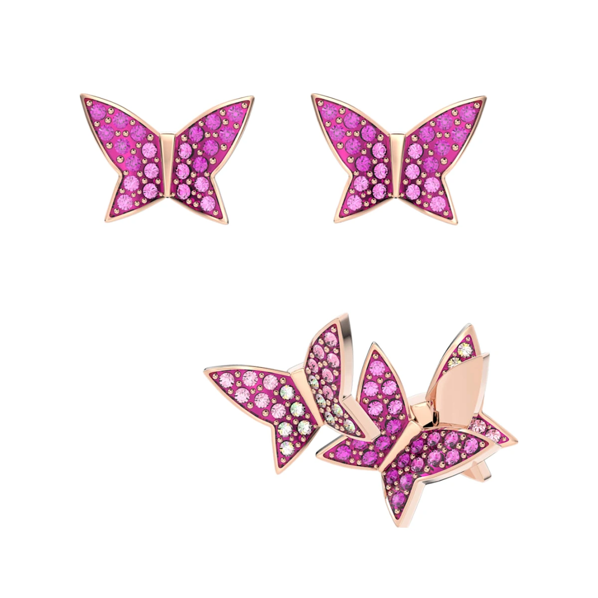 Idyllia Lilia stud earrings, Set (3), Butterfly, Pink, Rose gold-tone plated