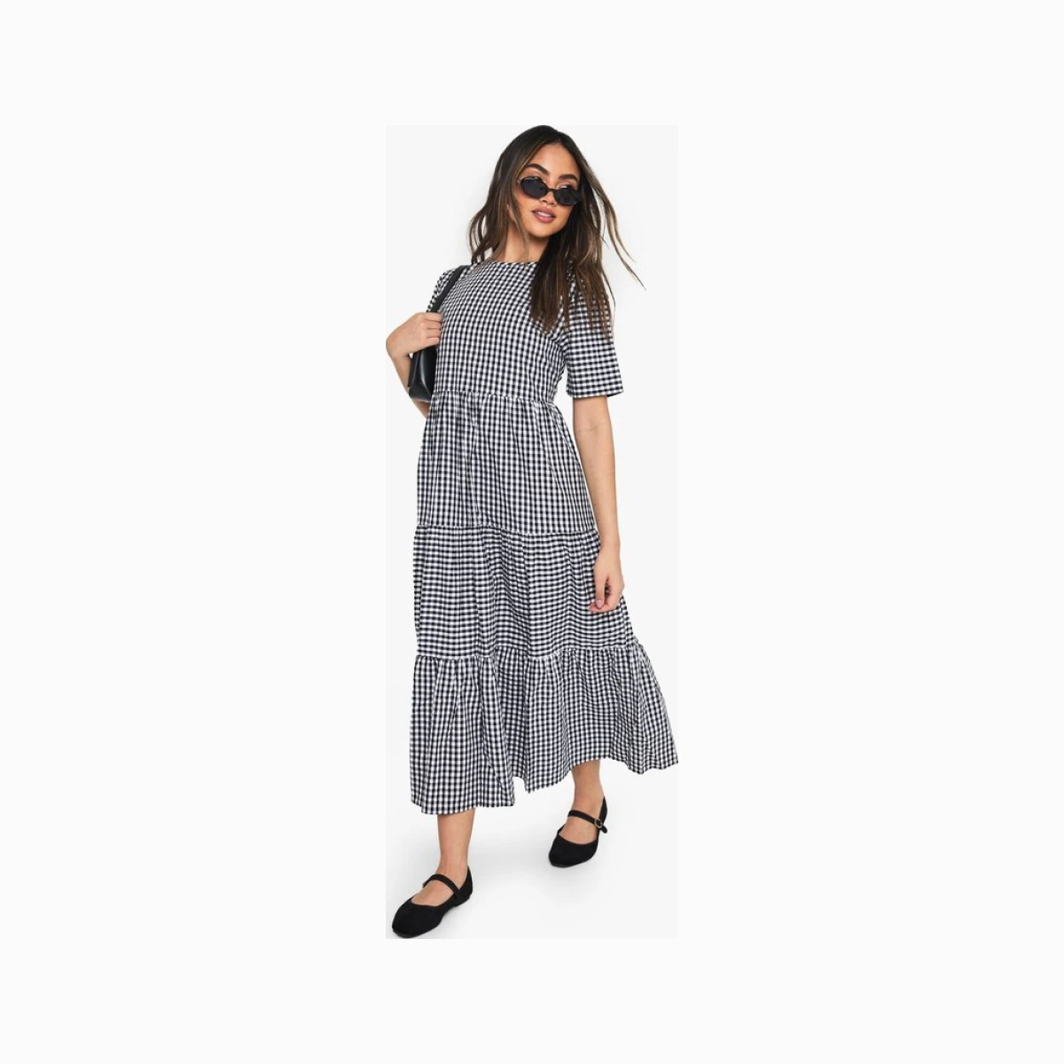 Boohoo Women's Cotton Gingham Midaxi Smock Dress in Black