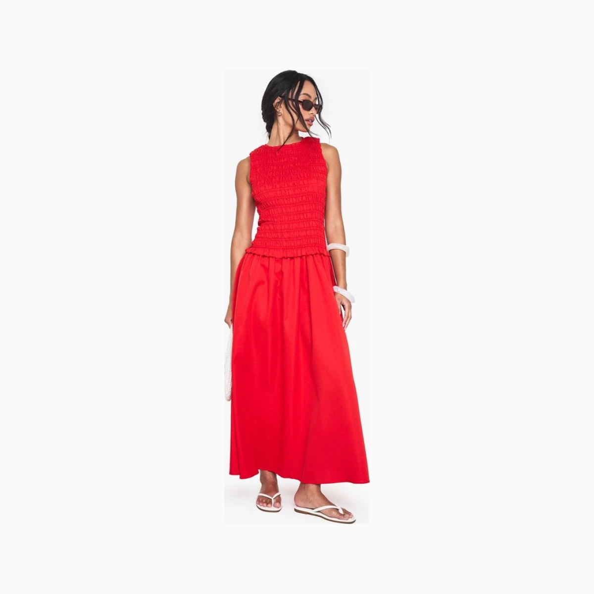 Boohoo Women's Racer Neck Shirred Drop Waist Midaxi Dress in Red