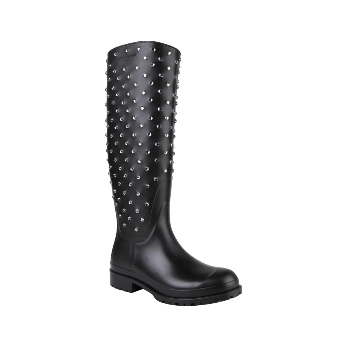 Saint Laurent Women's Black Rubber Rain Boots With Crystal Stud