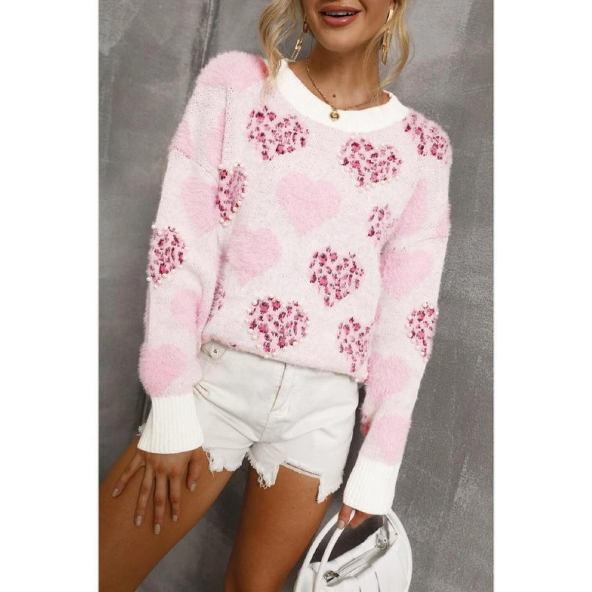 Azura Exchange Damen Flauscher Leopard-Print Strickpullover mit Perlenverzierungen