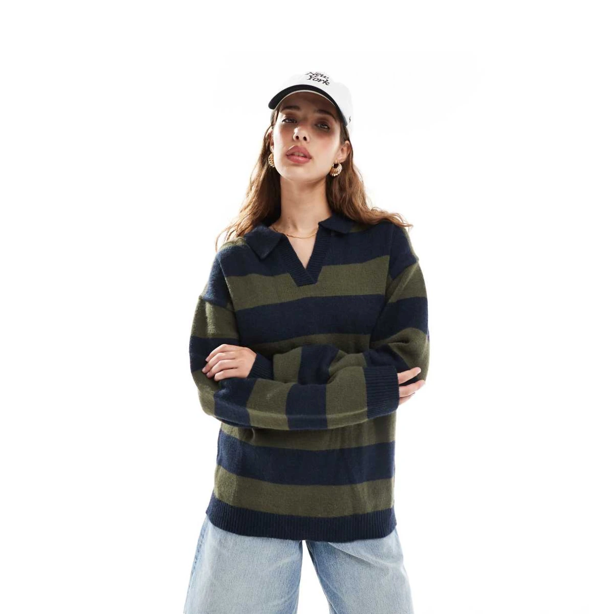 Chunky stripe knitted rugby top in navy khaki stripe-Multi